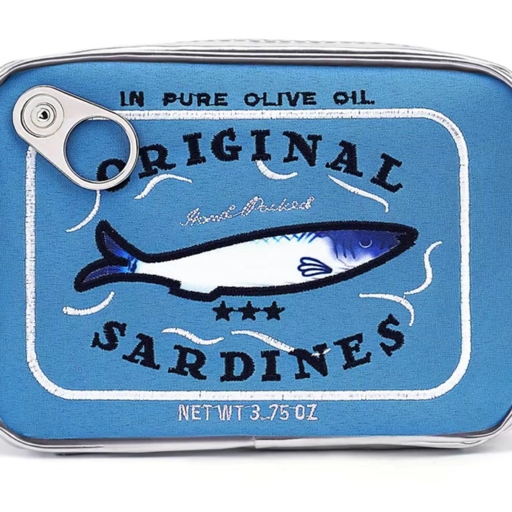 Blue and Silver Cosmetic Bag with Viral Sardine Design